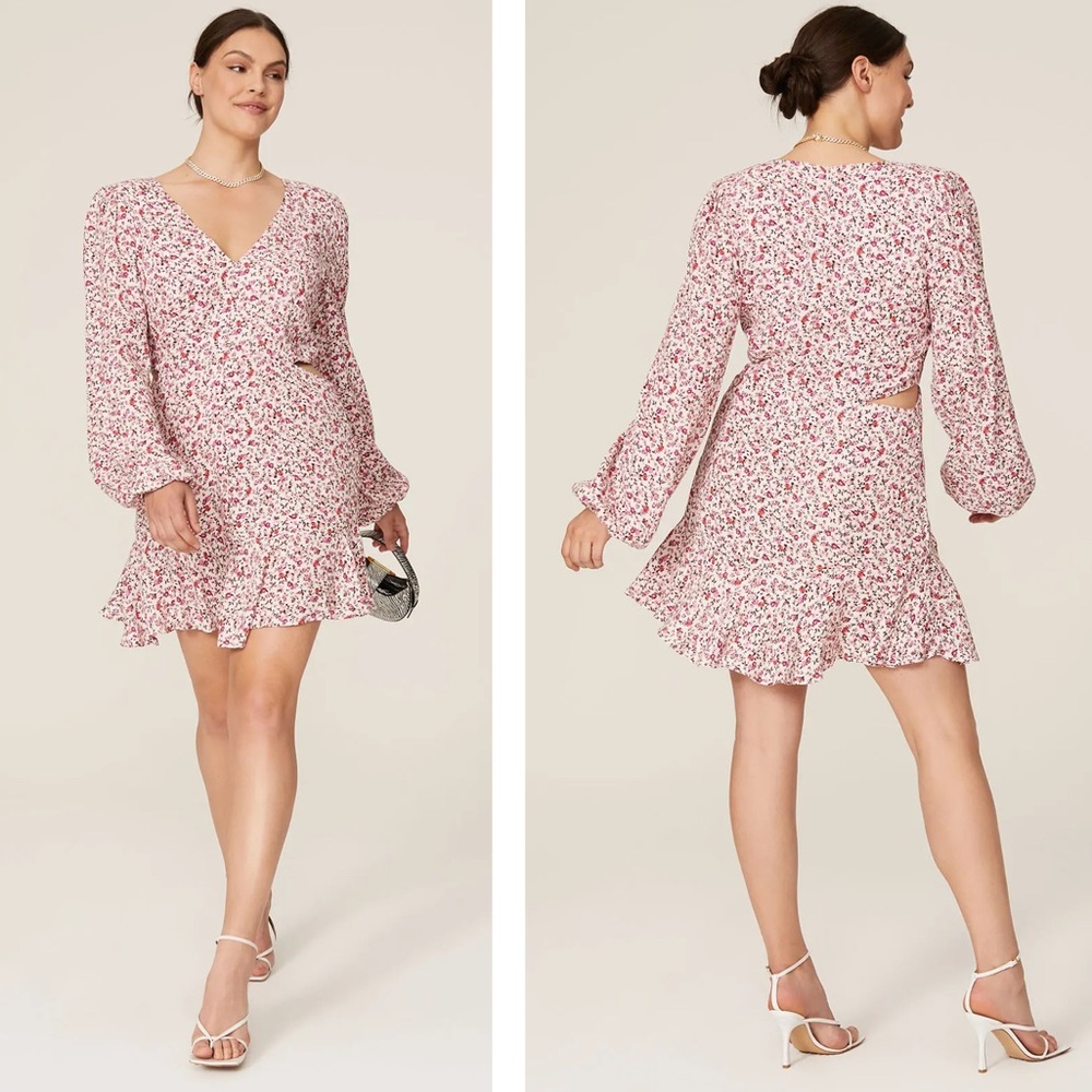 AFRM Monna Dress Ditsy Floral Waist Cutouts Ruffle Hem Mini V Neck Size XL